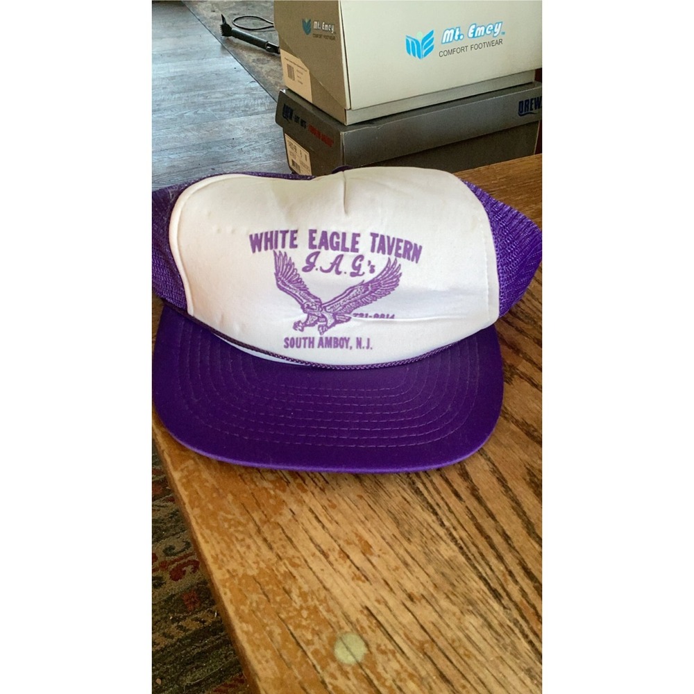 Vintage 1996 White Eagle Tavern South Amboy NJ Trucker Hat Snapback Purple White